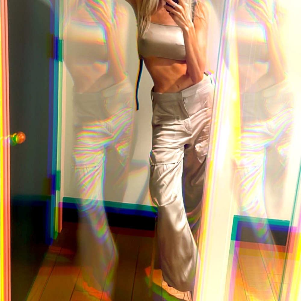 Zara Satin Effect Crop and Cargo Pant Set - Soft Gold (XS)